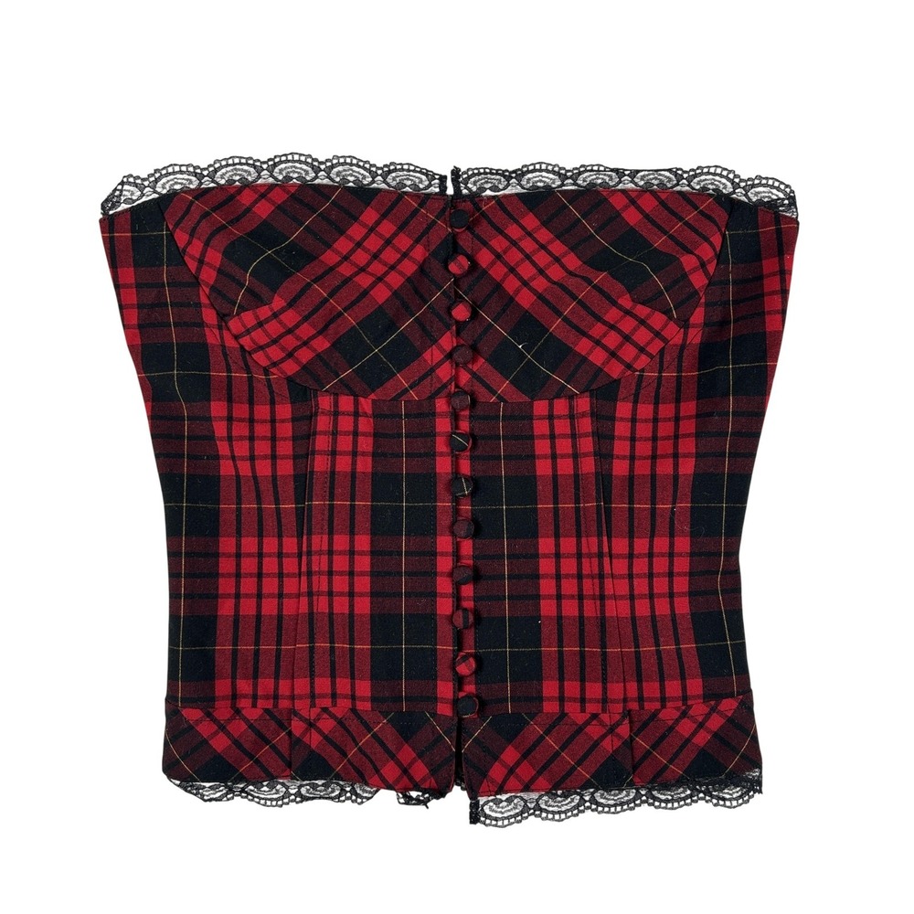 Arden B. Bustier Womens XS Plaid Lace Trim Boned Corset Top Strapless Goth Punk